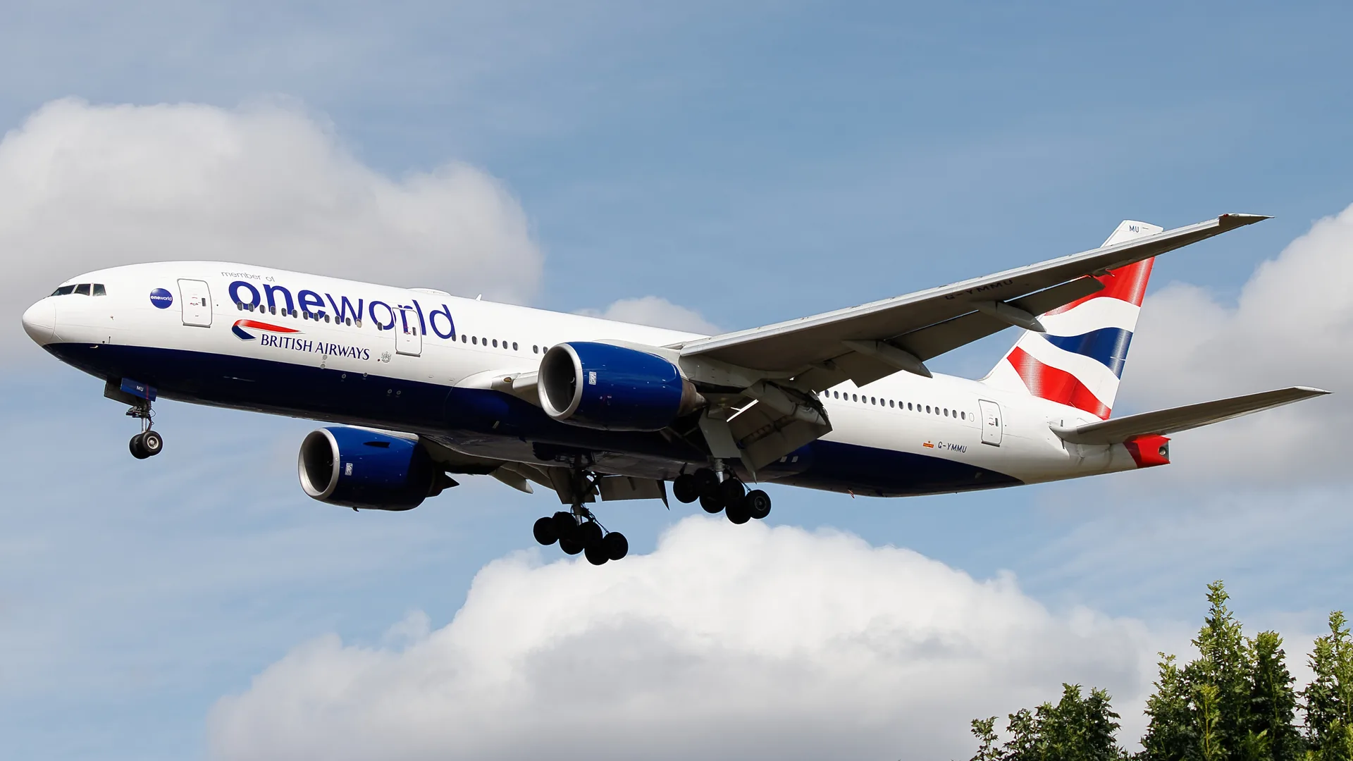 British Airways Boeing 777 landing at London Heathrow in 2024