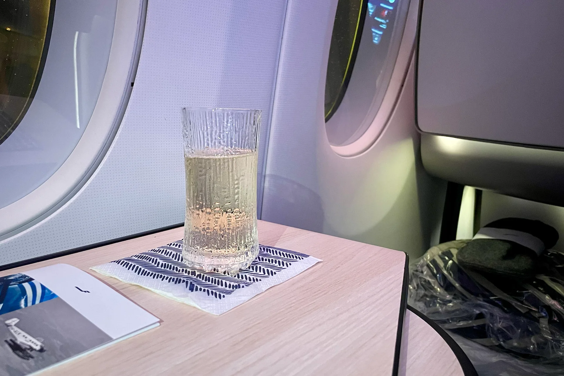 Finnair A350 Business Class cabin with table and glass, photographed in 2024